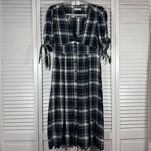 Mango Plaid Button Up Shirt Milkmaid Dress Green Blue Casual Size Small